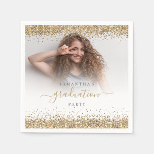 Gold Glitter Photo Name Graduation 2024 Party Napkin