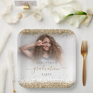 Gold Glitter Photo Name Graduation 2024 Party Pape Paper Plate