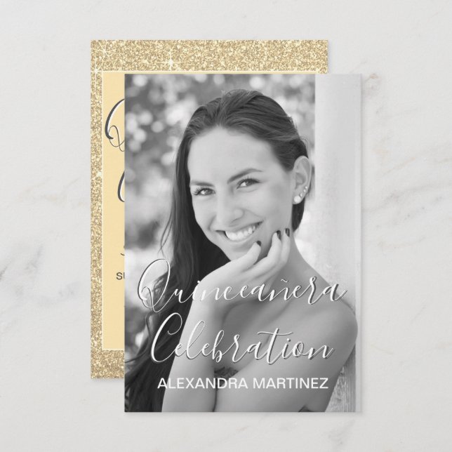 Gold Glitter Photo - Quinceanera Celebration Invitation (Front/Back)