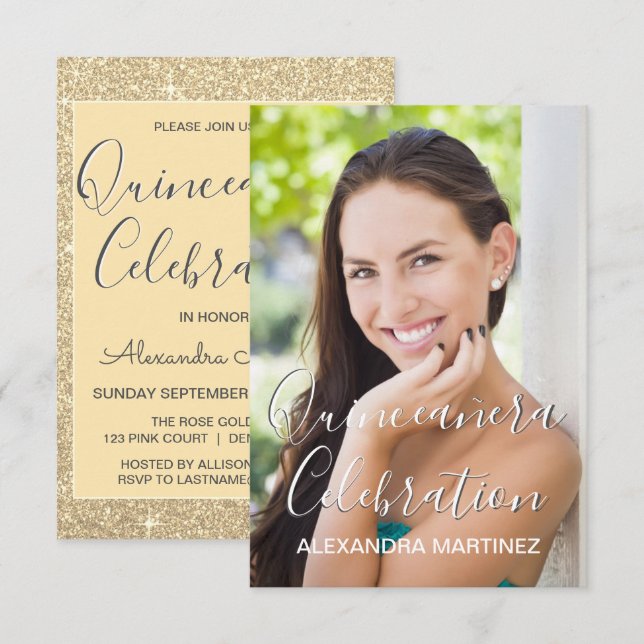 Gold Glitter Photo - Quinceanera Celebration Invitation (Front/Back)