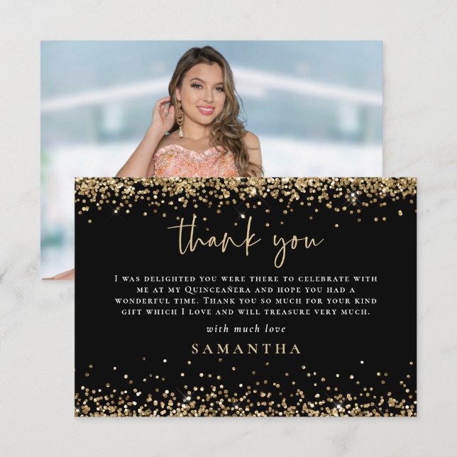Gold Glitter Photo Quinceañera Thank You Black Card (Front/Back)