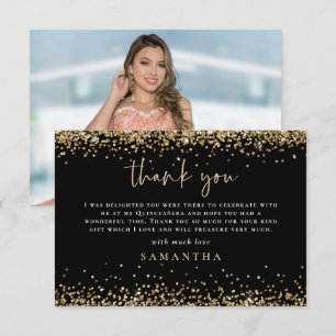 Gold Glitter Photo Quinceañera Thank You Black Card