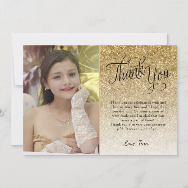 Gold Glitter Photo Thank You Card (Front)