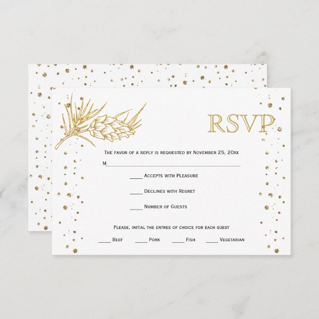 Gold glitter pine and confetti winter wedding  RSV RSVP Card (Front/Back)