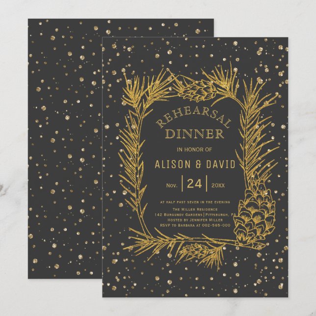 Gold glitter pine charcoal grey rehearsal dinner invitation (Front/Back)