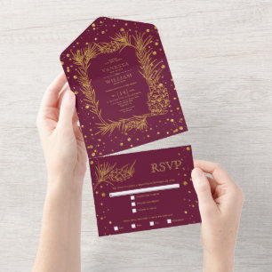 Gold glitter pine, confetti  burgundy wedding  all in one invitation