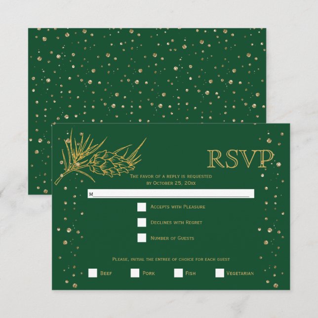 Gold glitter pine, confetti green winter wedding RSVP card (Front/Back)