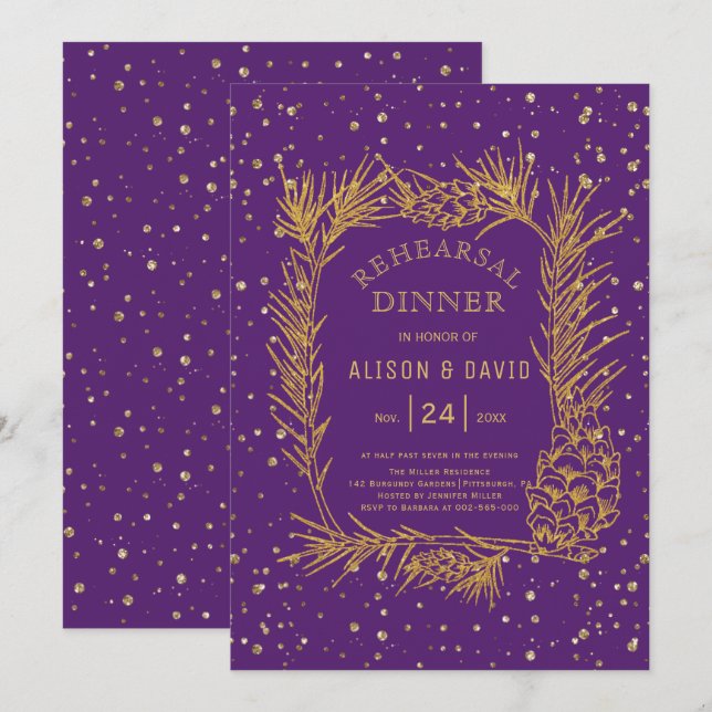Gold glitter pine confetti purple rehearsal dinner invitation (Front/Back)
