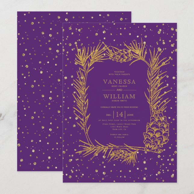 Gold glitter pine, confetti purple winter wedding invitation (Front/Back)
