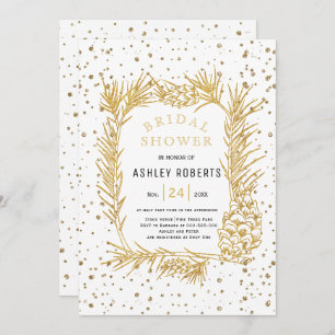 Gold glitter pine, confetti winter bridal shower invitation