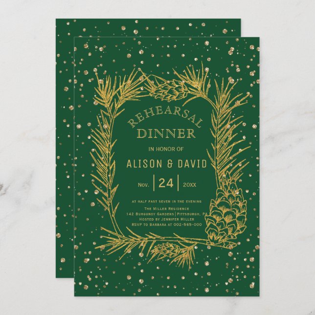 Gold glitter pine emerald green rehearsal dinner invitation (Front/Back)