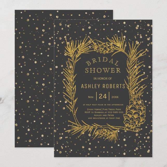 Gold glitter pine grey winter bridal shower invitation (Front/Back)