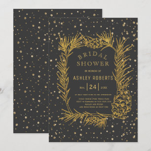 Gold glitter pine grey winter bridal shower invitation
