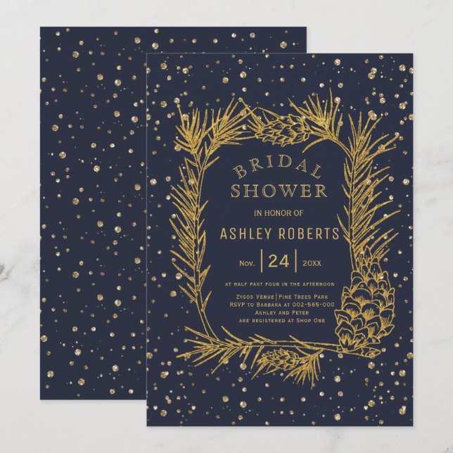 Gold glitter pine midnight blue bridal shower invitation (Front/Back)