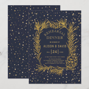 Gold glitter pine midnight blue rehearsal dinner invitation