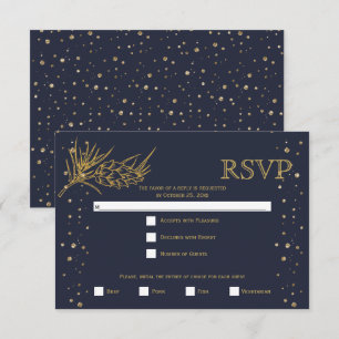 Gold glitter pine, midnight blue winter wedding RSVP card
