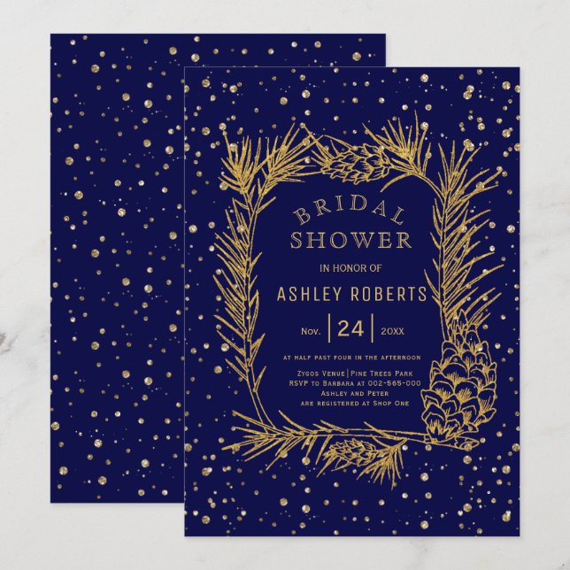 Gold glitter pine navy blue winter bridal shower invitation (Front/Back)