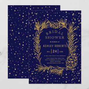 Gold glitter pine navy blue winter bridal shower invitation