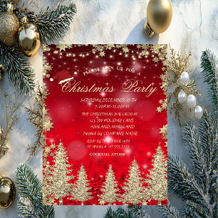 Gold Glitter Pine Tree,Stars Red Bokeh Company Invitation