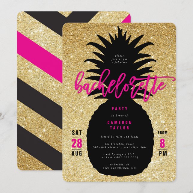 Gold Glitter Pineapple Bachelorette Party Invite (Front/Back)