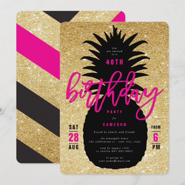 Gold Glitter Pineapple Chic Birthday Party Invite (Front/Back)