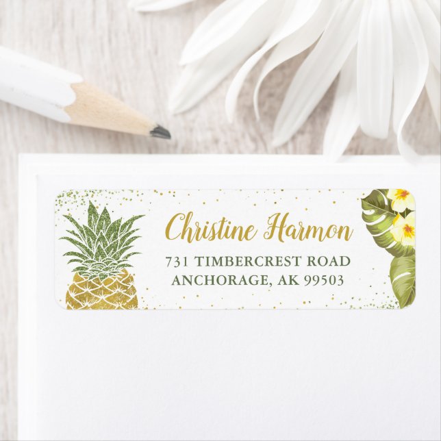 Gold Glitter Pineapple Floral Return Address Label (Insitu)