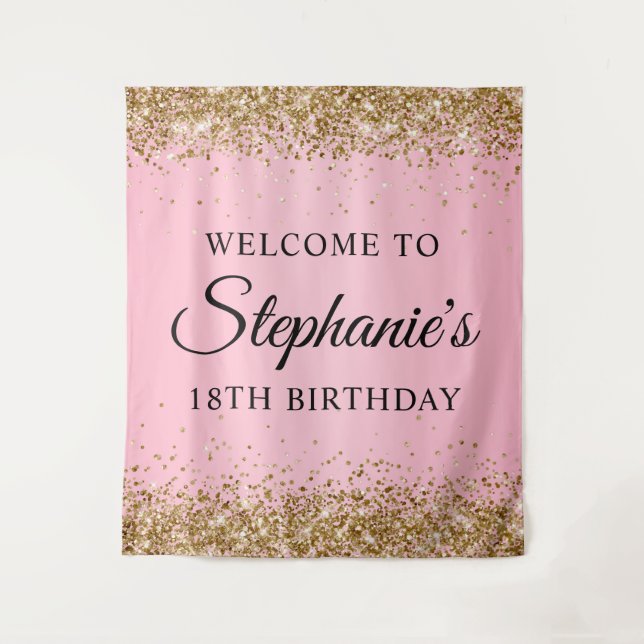 Gold Glitter Pink 18th Birthday Party Welcome Tapestry (Front)