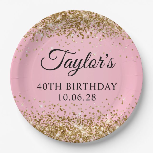 Gold Glitter Pink 40th Birthday Paper Plate (Front)