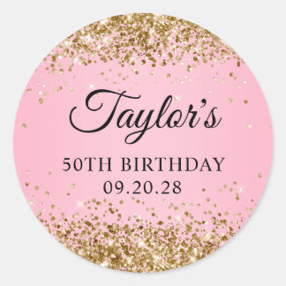Gold Glitter Pink 50th Birthday Classic Round Sticker