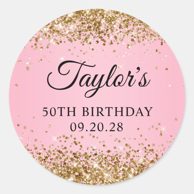 Gold Glitter Pink 50th Birthday Classic Round Sticker (Front)