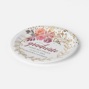 Gold Glitter Pink And Marsala Floral Grad Party Paper Plate