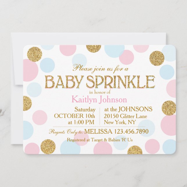 Gold Glitter Pink Baby Blue Dots Baby Sprinkle Invitation (Front)
