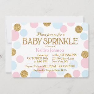 Gold Glitter Pink Baby Blue Dots Baby Sprinkle Invitation