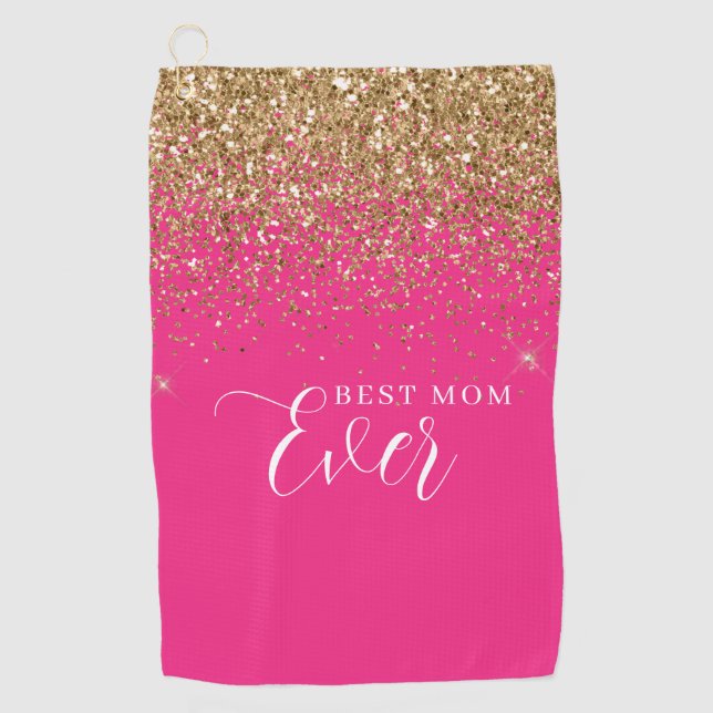 Gold Glitter Pink Best Mum Ever Golf Towel (Front)