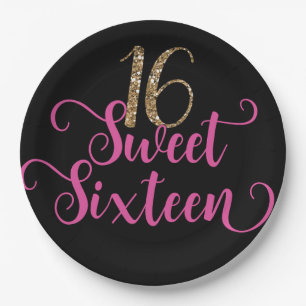 Gold Glitter Pink Black Sweet 16 Birthday Party  Paper Plate