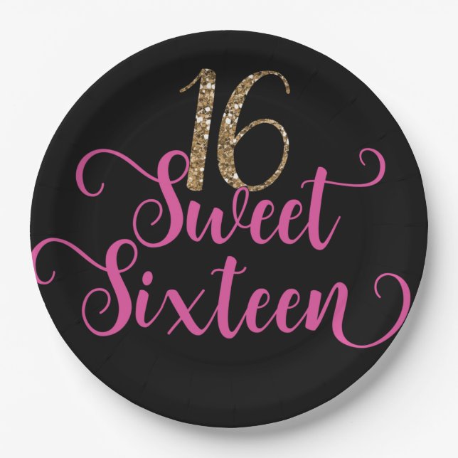 Gold Glitter Pink Black Sweet 16 Birthday Party  Paper Plate (Front)