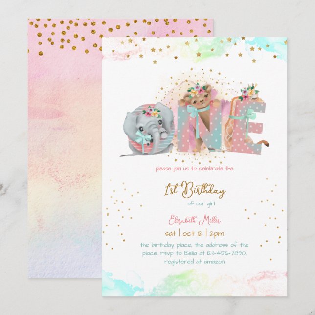 Gold Glitter Pink Blue Baby Girl First Birthday Invitation (Front/Back)