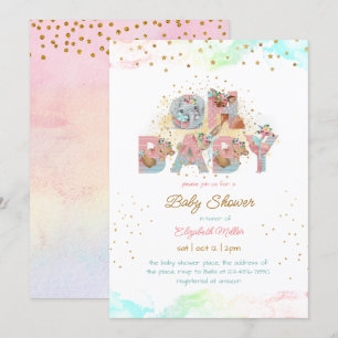 Gold Glitter Pink Blue Lovely Girl Baby Shower Invitation