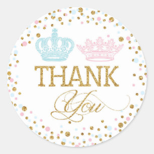 Gold Glitter Pink Blue Royal Twins Baby Shower Classic Round Sticker