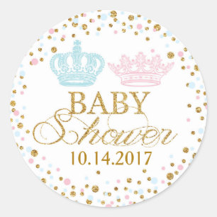Gold Glitter Pink Blue Royal Twins Baby Shower Classic Round Sticker