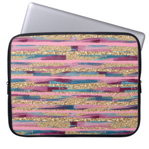 Gold Glitter, Pink & Blue Striped Laptop Sleeve