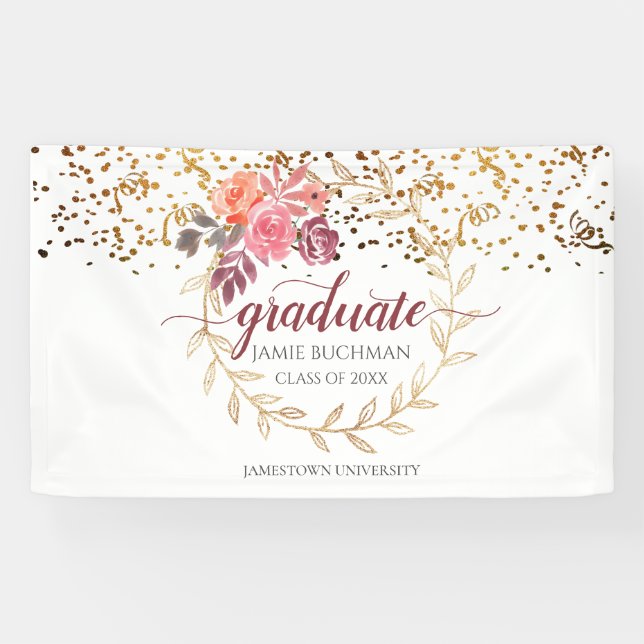 Gold Glitter Pink Blush Marsala Floral Graduation Banner (Horizontal)