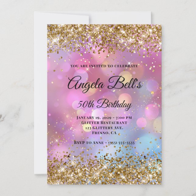 Gold Glitter Pink Bokeh Invitation (Front)
