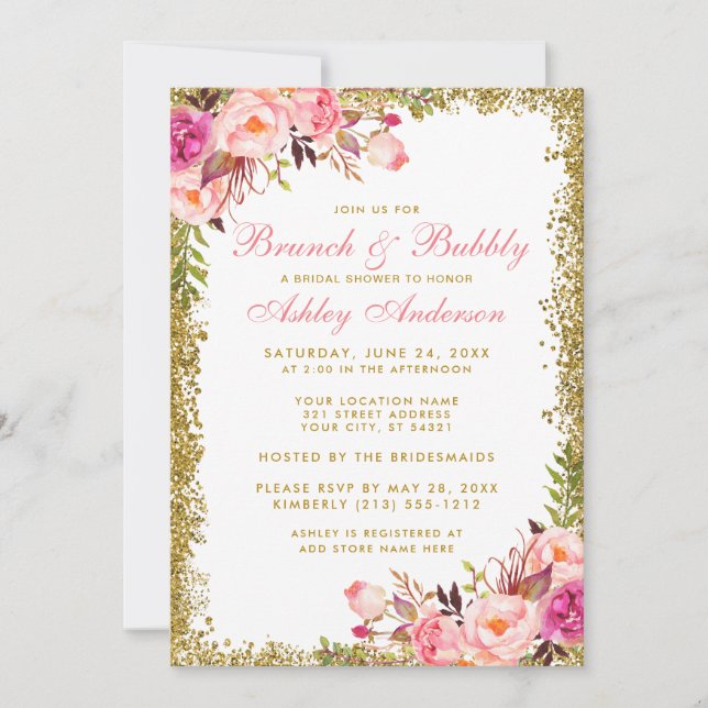 Gold Glitter Pink Bridal Shower Brunch Invite (Front)