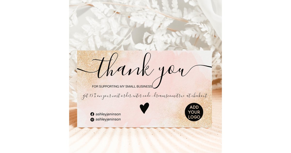 Gold glitter pink brushstroke order thank you business card | Zazzle