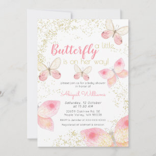Gold Glitter Pink Butterflies Girl Baby Shower Invitation