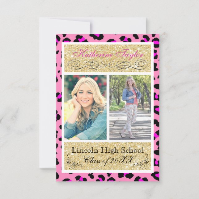Gold Glitter Pink Cheetah 3x5 Grad Announcement (Front)