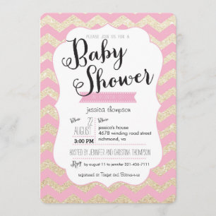 Gold Glitter & Pink Chevron Baby Shower Invite