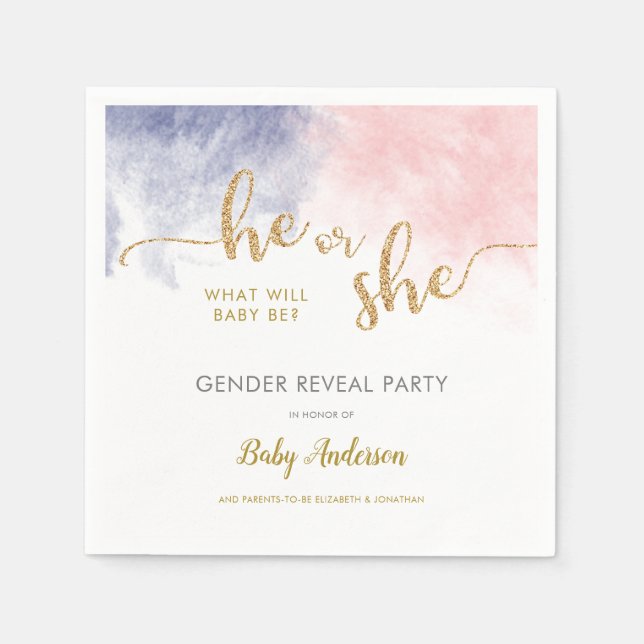 Gold Glitter Pink & Dark Blue Gender Reveal Napkin (Front)