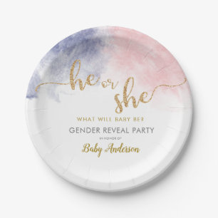 Gold Glitter Pink & Dark Blue Gender Reveal Paper Plate
